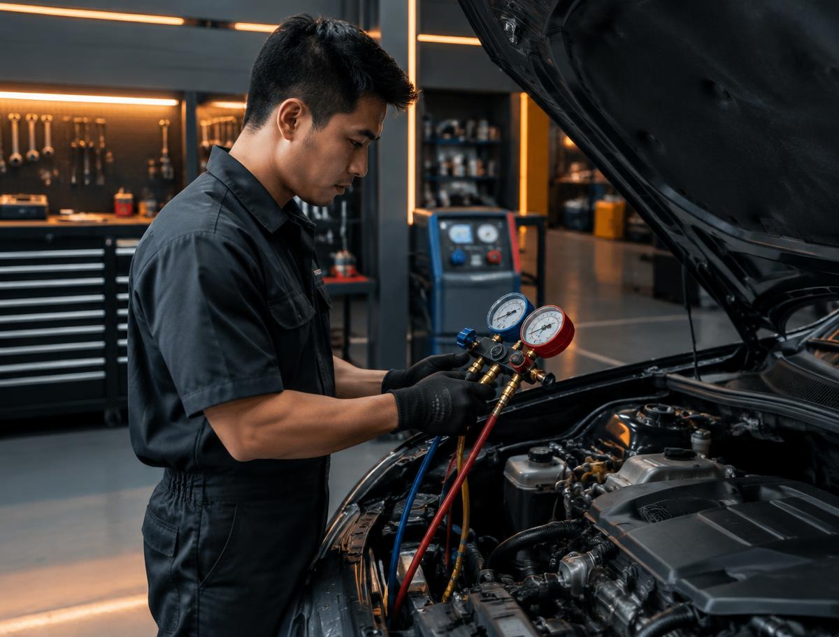 Technician inspecting a vehicle air-conditioning system with diagnostic gauges