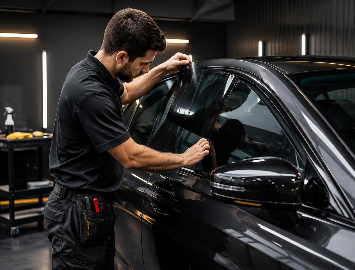 Technician precisely installing automotive window tint