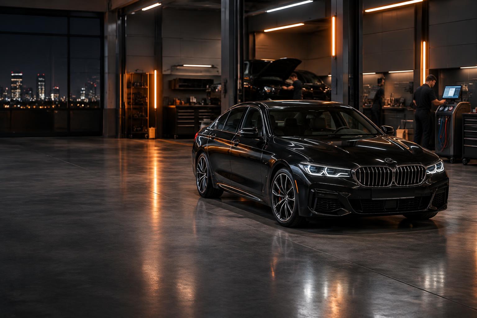 Premium black vehicle inside a professional automotive service workshop